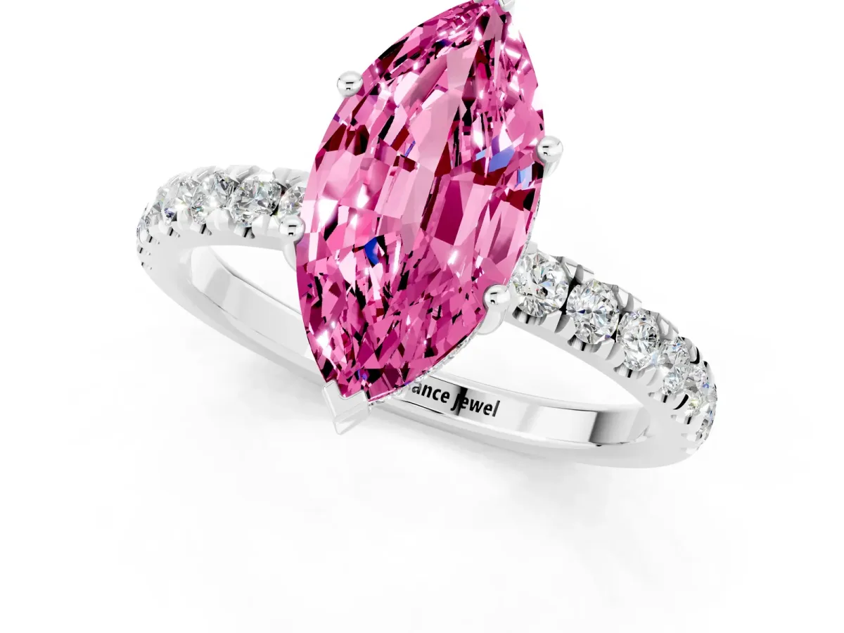 Marquise Cut Pink Sapphire Pave Band Solitaire Ring with Round and Prong Setting Platinum