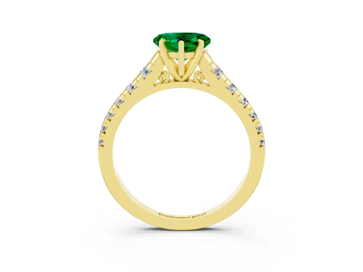Heart Cut Emerald Cathedral Solitaire Ring with Round Pavé Band Yellow gold