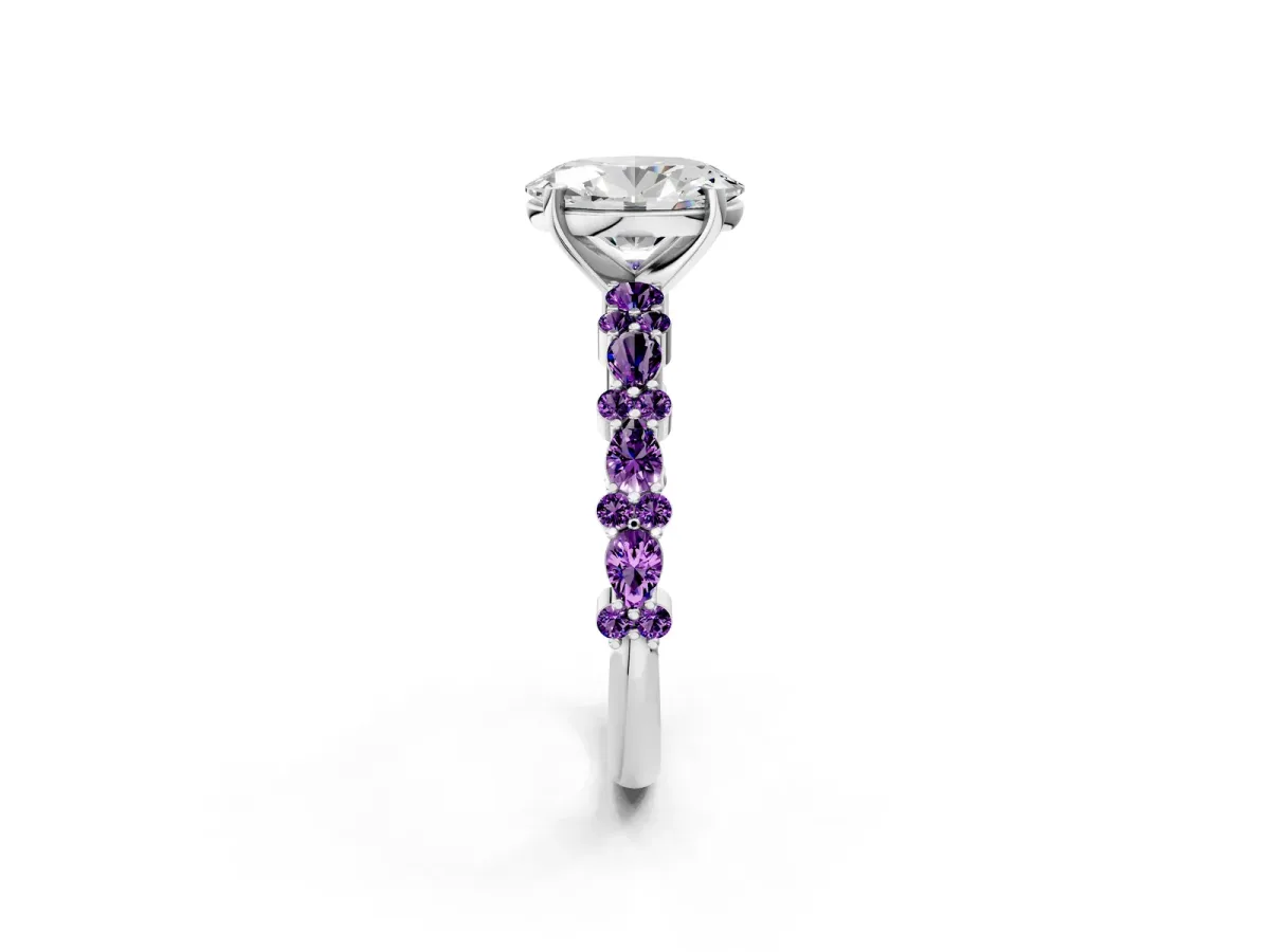 Oval Cut Diamond Side Stone Solitaire Ring with Round Amethyst and Four-Prong Setting Silver