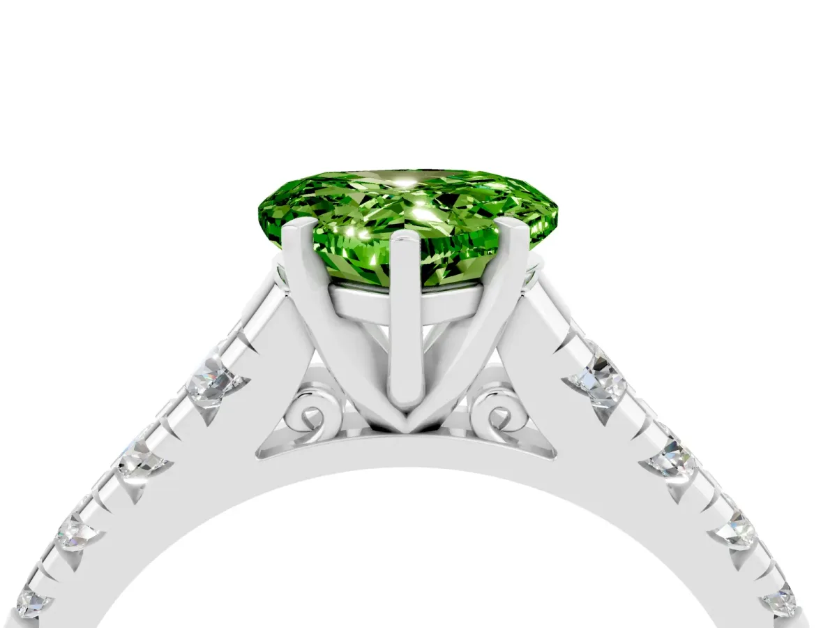 Heart Cut Peridot Cathedral Solitaire Ring with Round Pavé Band White gold