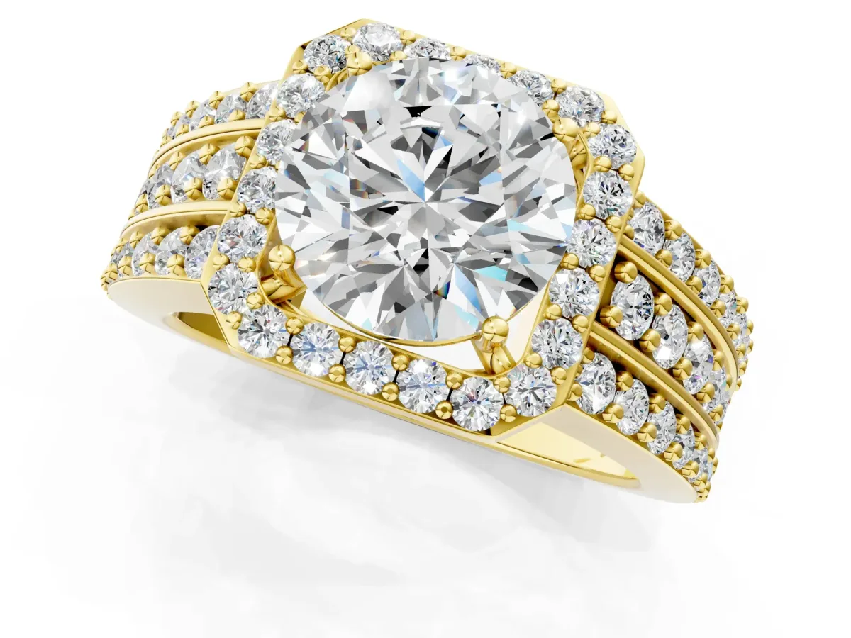 Round Cut Halo Diamond Ring with Round Moissanite Split Shank and Prong Setting Yellow gold