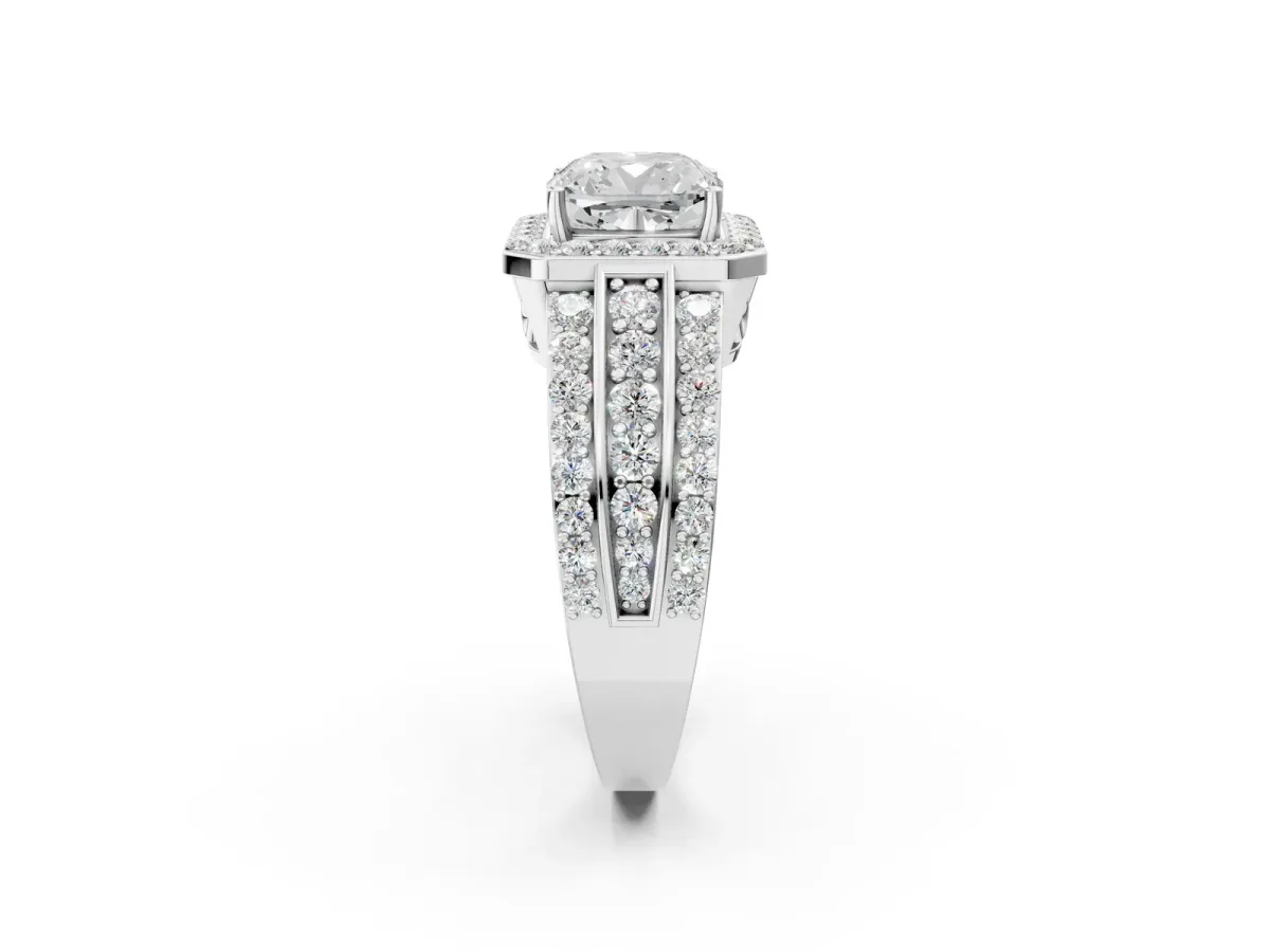 Cushion Cut Halo Diamond Ring with Round Moissanite Split Shank and Prong Setting White gold