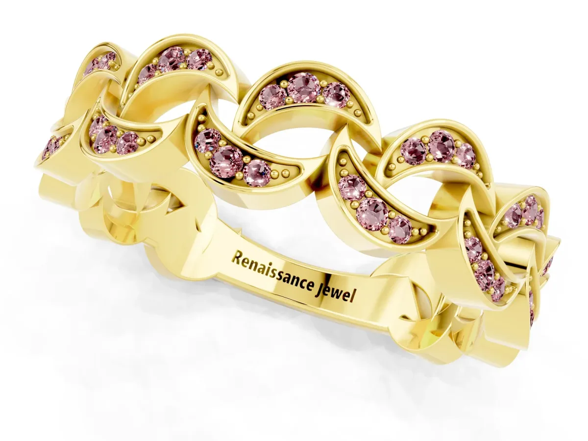 Pavé Round Morganite Interlocking Eternity Band with Bezel Prong Setting Yellow gold