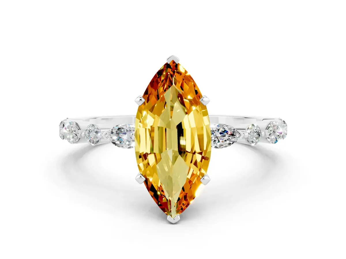 Marquise Cut Citrine Ring with Marquise and Round Side Stones and Four-Prong Setting Platinum