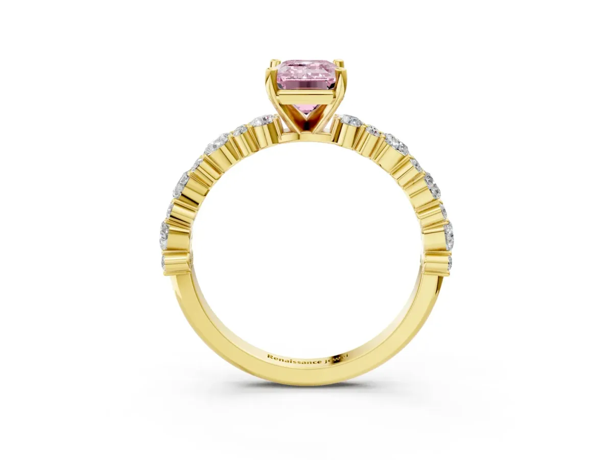 Fancy Pink Emerald Cut Diamond Side Stone Solitaire Ring with Round and Four-Prong Setting Yellow gold