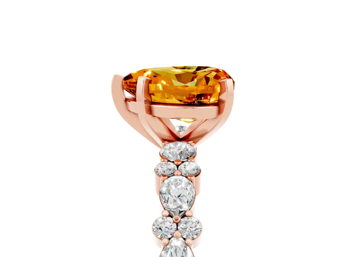 Heart Cut Citrine Side Stone Solitaire Ring with Round and Four-Prong Setting Rose gold