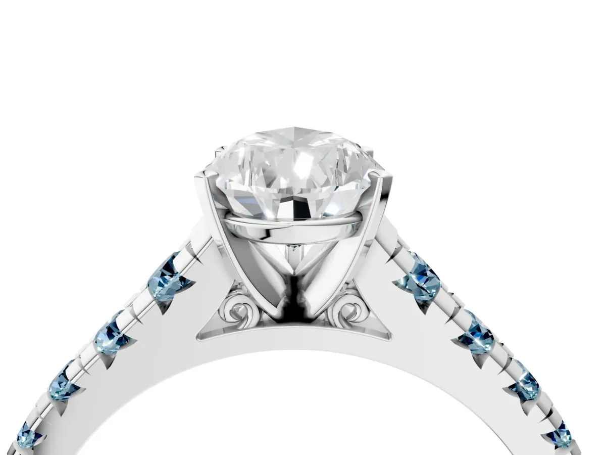Pear Cut Diamond Cathedral Solitaire Ring with Round Aquamarine Pavé Band Platinum