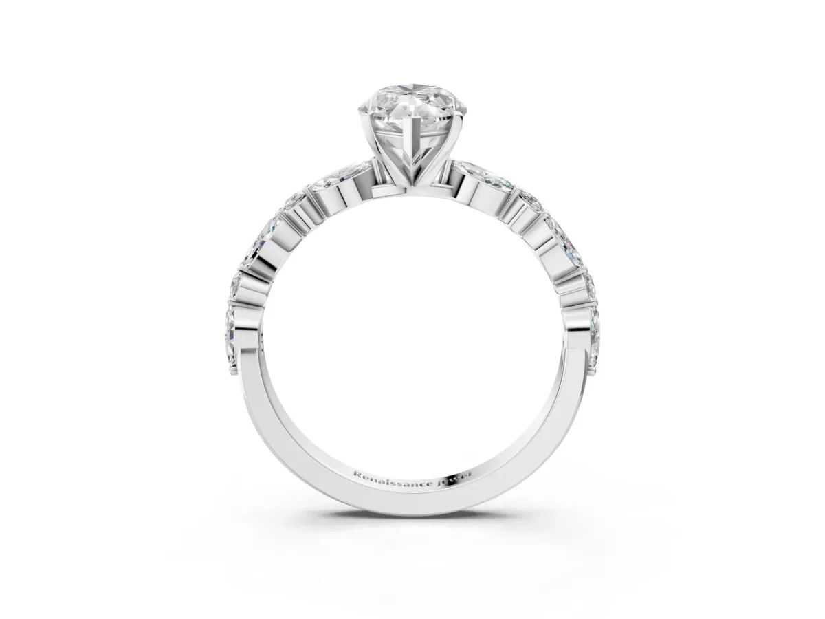Marquise Cut Diamond Ring with Marquise and Round Moissanite Side Stones and Four-Prong Setting Silver