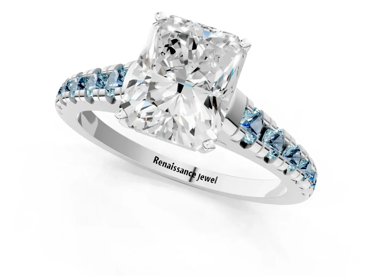 Radiant Cut Diamond Cathedral Solitaire Ring with Round Aquamarine Pavé Band Silver