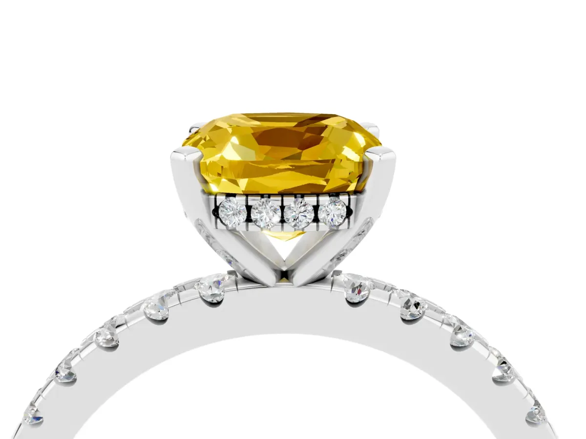 Cushion Cut Yellow Sapphire Solitaire Ring with Round Pavé Band and Four-Prong Setting Silver