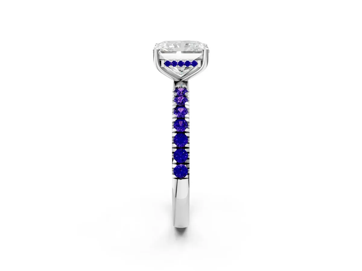 Radiant Cut Diamond Pave Band Solitaire Ring with Round Tanzanite and Prong Setting Platinum