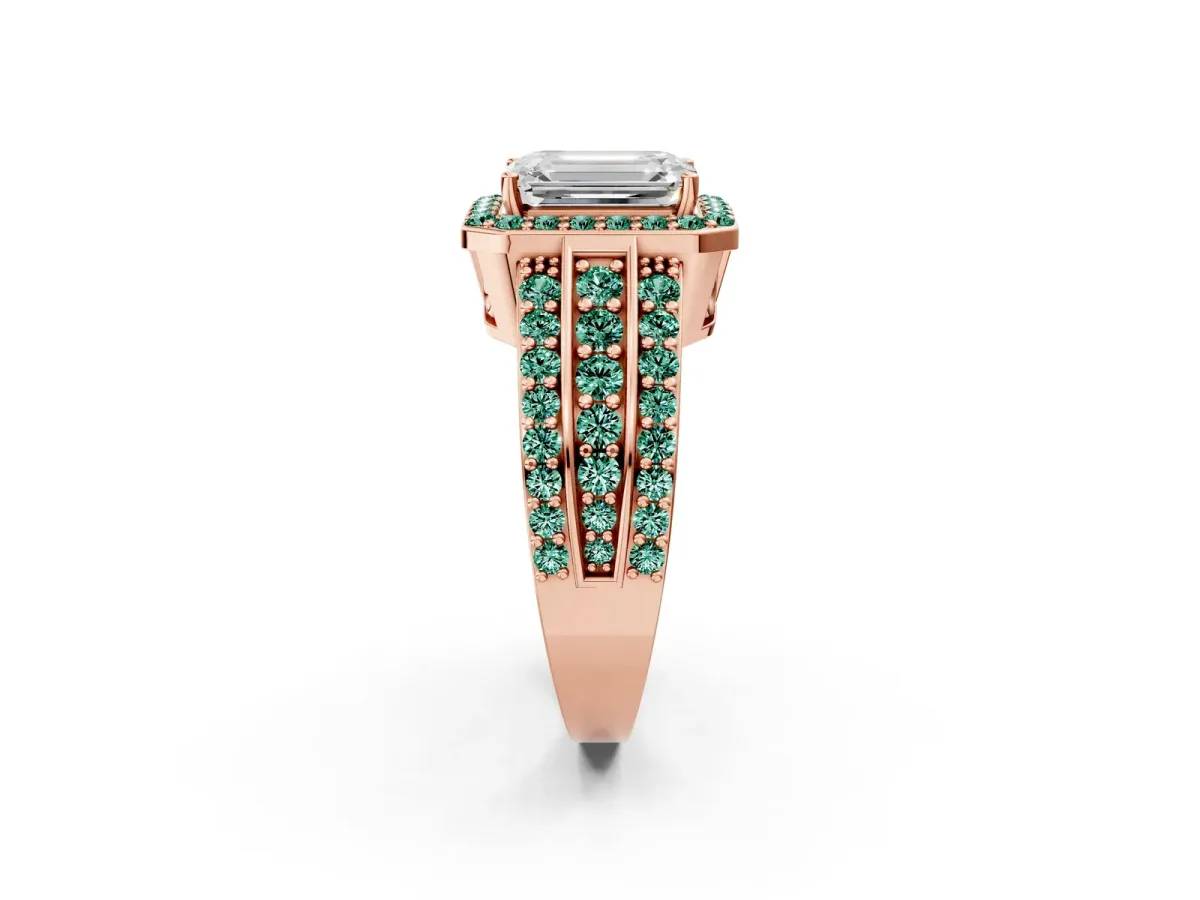 Emerald Cut Halo Diamond Ring with Round Green Sapphire Split Shank and Prong Setting Rose gold