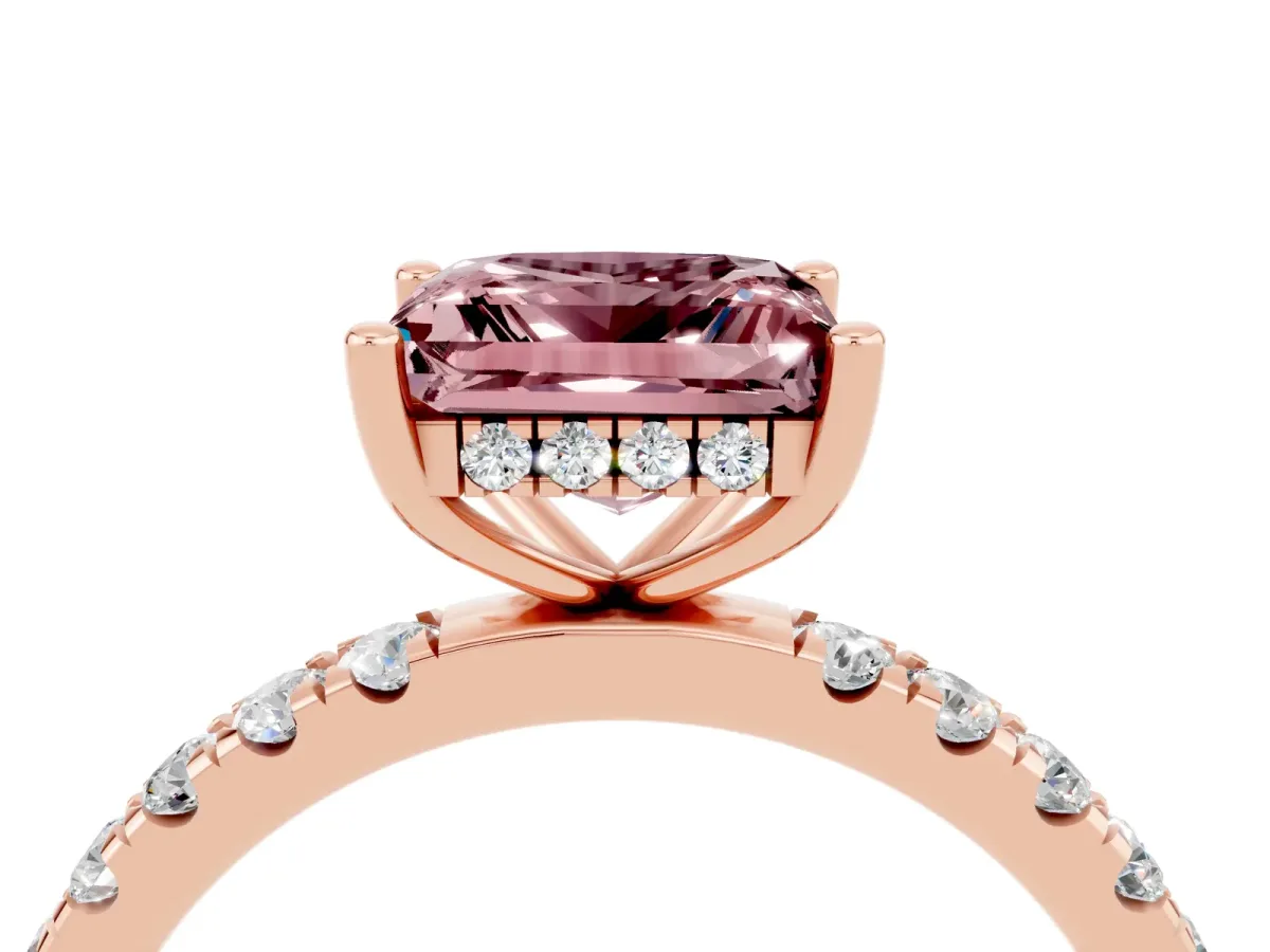 Princess Cut Morganite Pave Band Solitaire Ring with Round and Prong Setting Rose gold