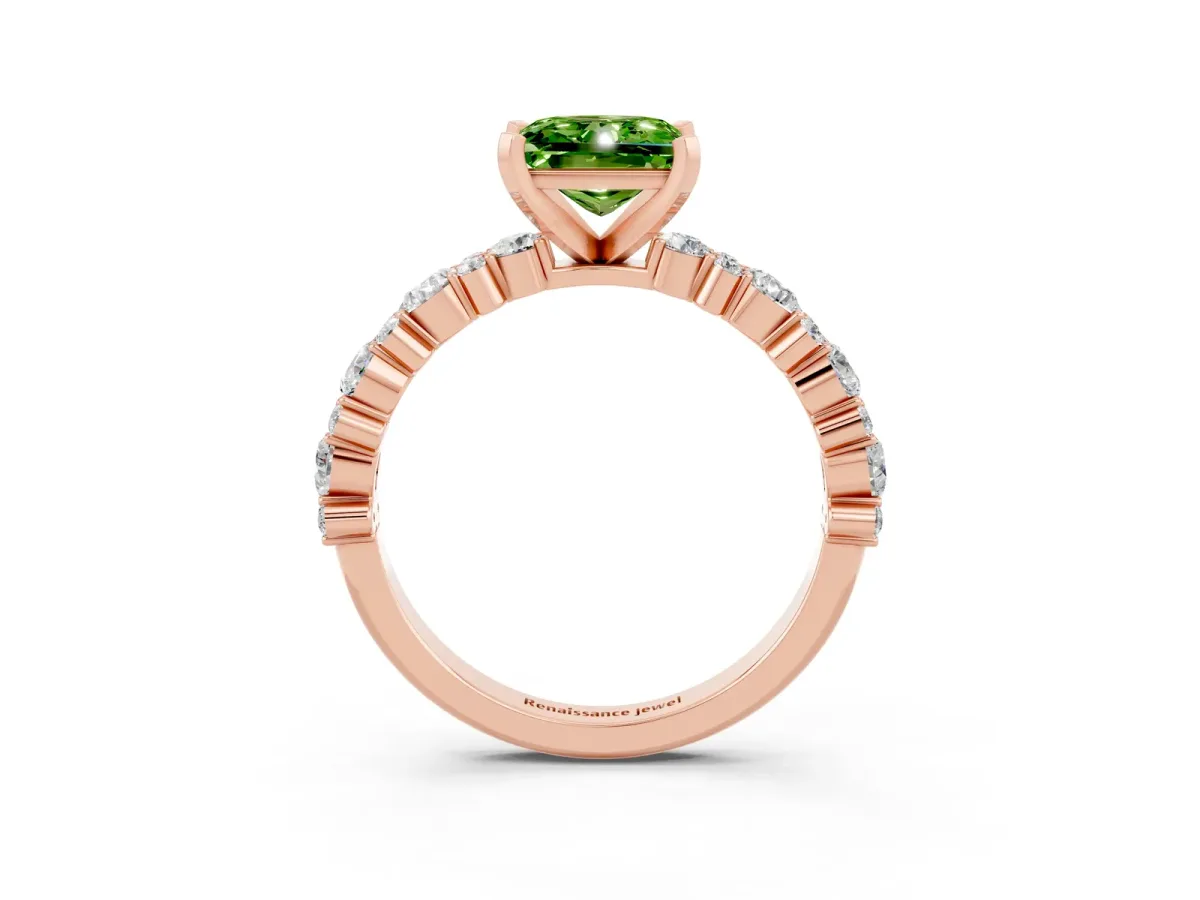 Princess Cut Peridot Side Stone Solitaire Ring with Round and Four-Prong Setting Rose gold