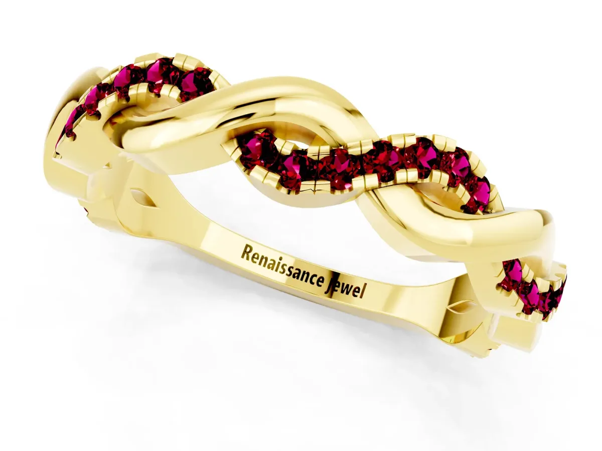 Pavé Round Garnet Twist Eternity Band with Shared Prong Setting Yellow gold