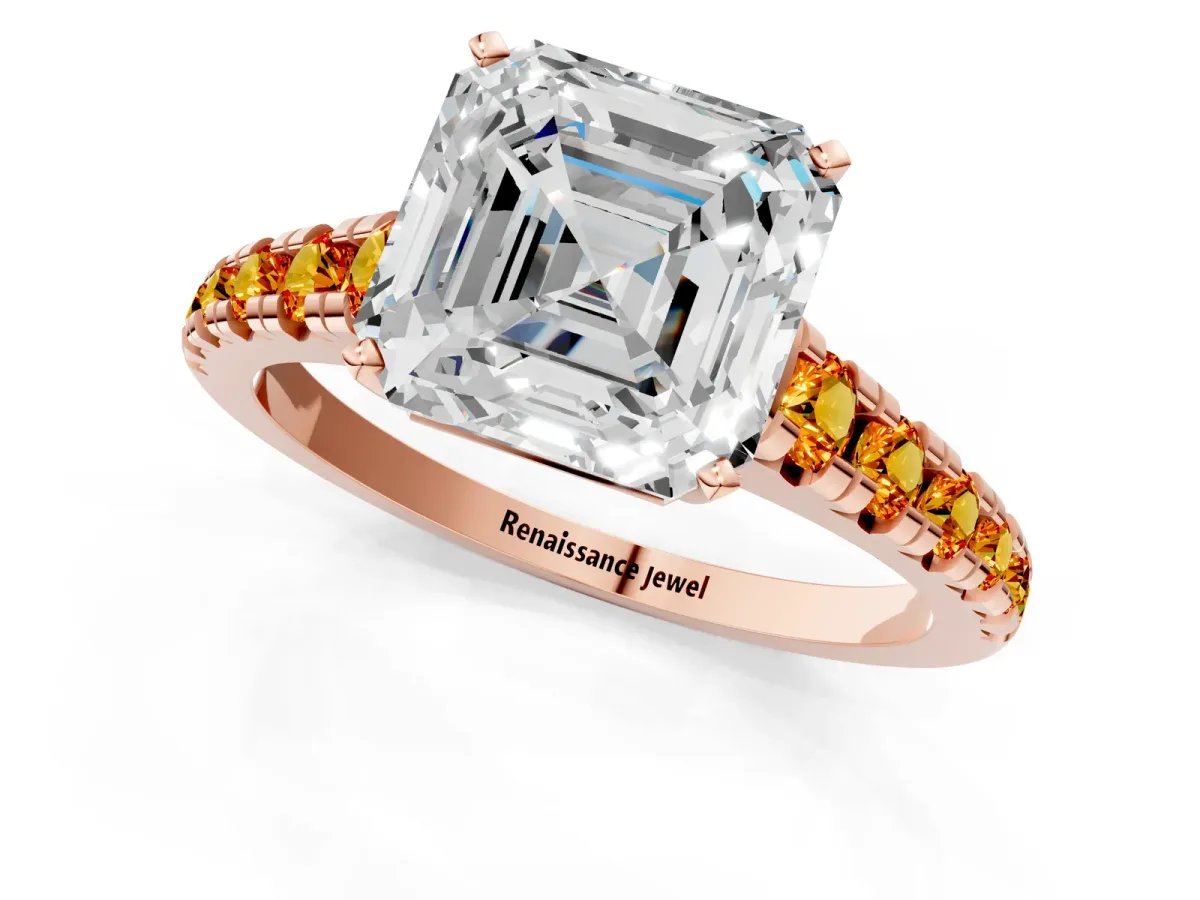 Asscher Cut Diamond Cathedral Solitaire Ring with Round Citrine Pavé Band Rose gold