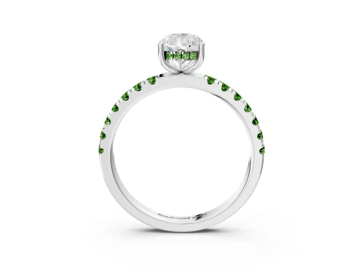 Pear Cut Diamond Pave Band Solitaire Ring with Round Peridot and Prong Setting Platinum