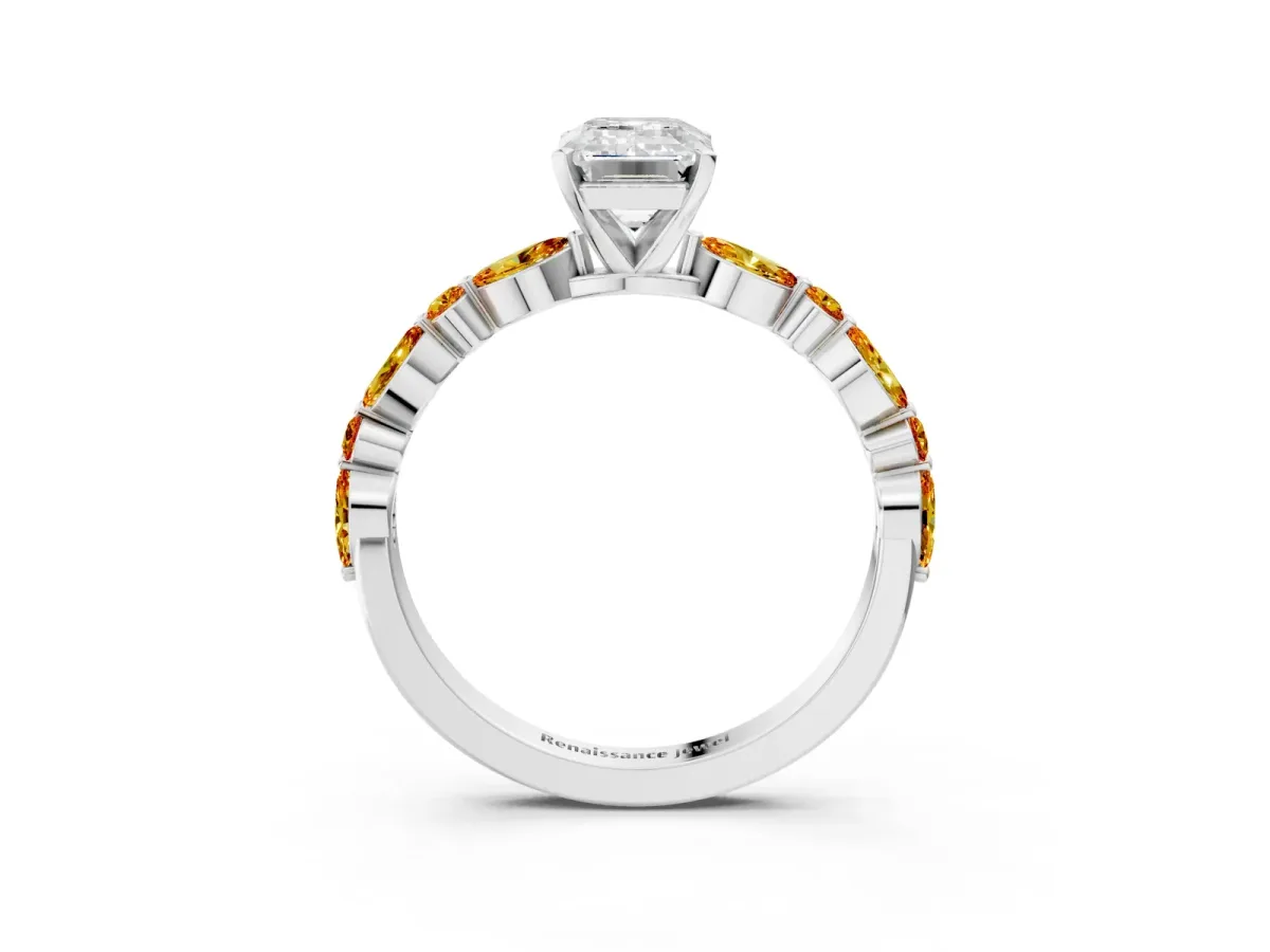 Emerald Cut Diamond Ring with Marquise and Round Citrine Side Stones and Four-Prong Setting Platinum