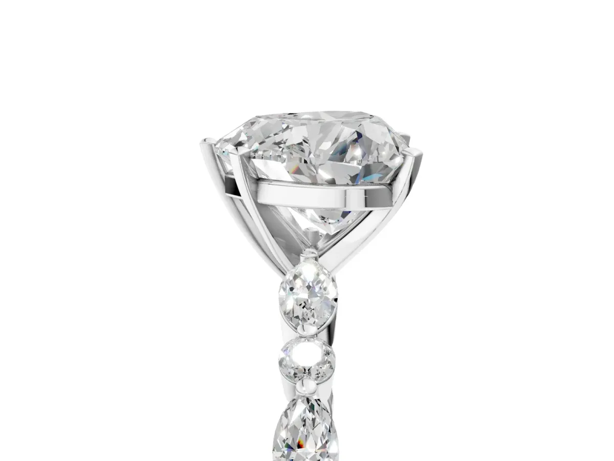 Heart Cut Diamond Ring with Marquise and Round Moissanite Side Stones and Four-Prong Setting Platinum