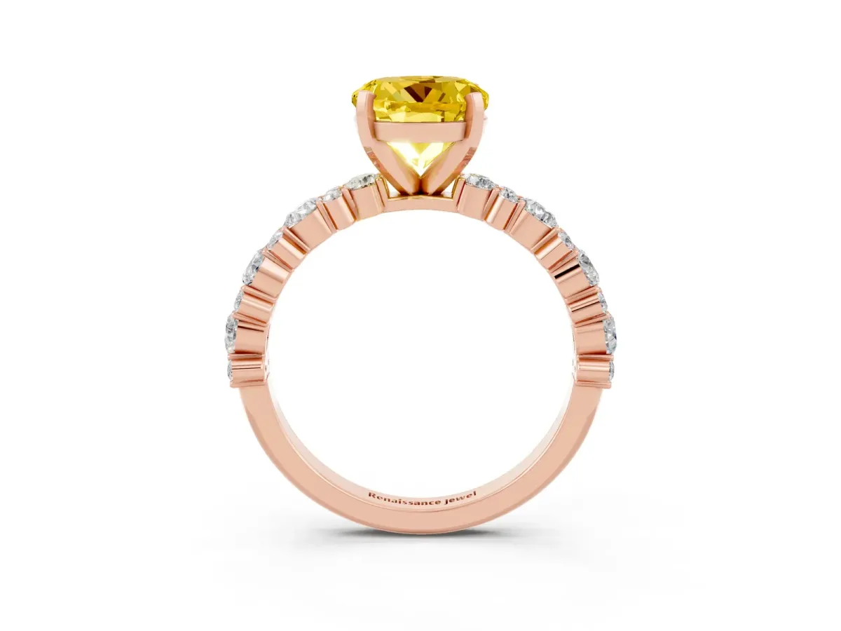Round Cut Yellow Sapphire Side Stone Solitaire Ring with Round and Four-Prong Setting Rose gold