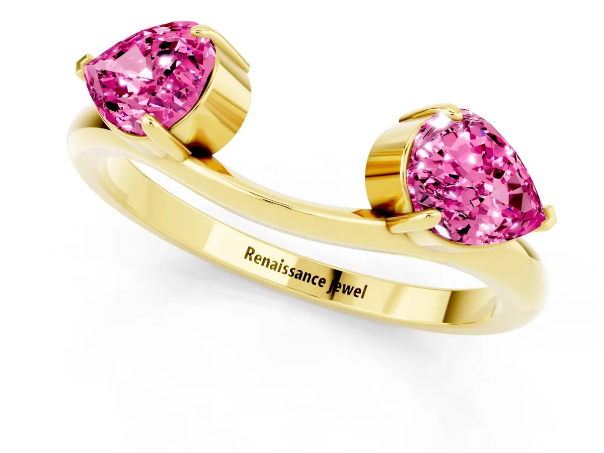 Two-Stone Pear Pink Sapphire Bypass Ring with Prong Setting Yellow gold