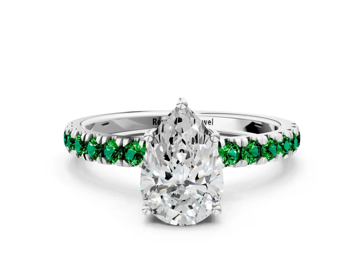 Pear Cut Diamond Pave Band Solitaire Ring with Round Emerald and Prong Setting White gold