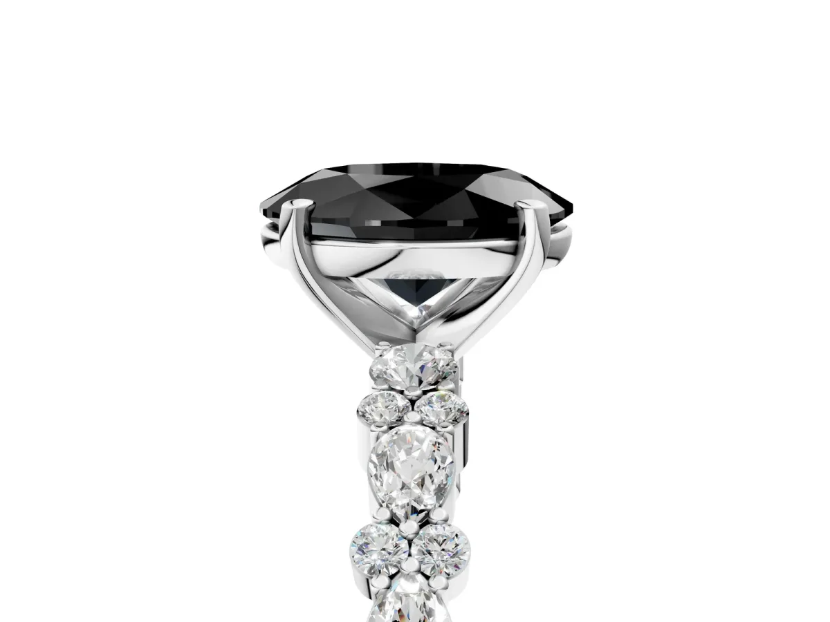 Fancy Black Oval Cut Diamond Side Stone Solitaire Ring with Round and Four-Prong Setting Platinum