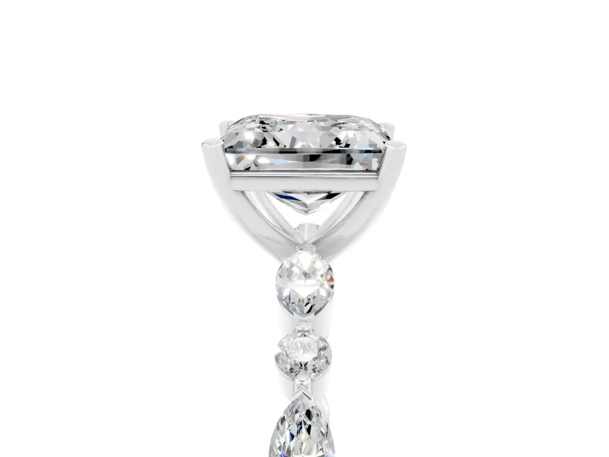 Princess Cut Moissanite Ring with Marquise and Round Side Stones and Four-Prong Setting Silver
