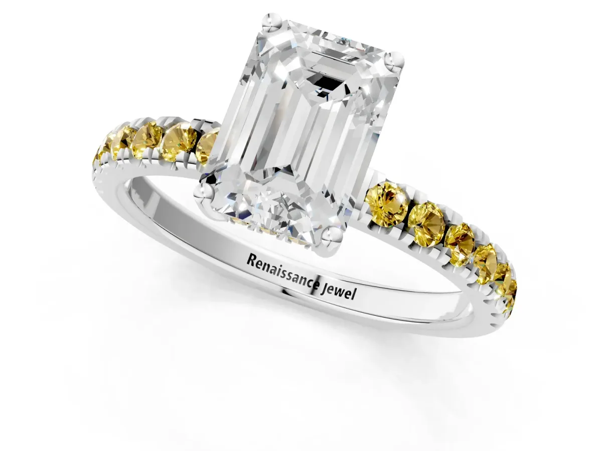 Emerald Cut Diamond Pave Band Solitaire Ring with Round Yellow Sapphire and Prong Setting Platinum