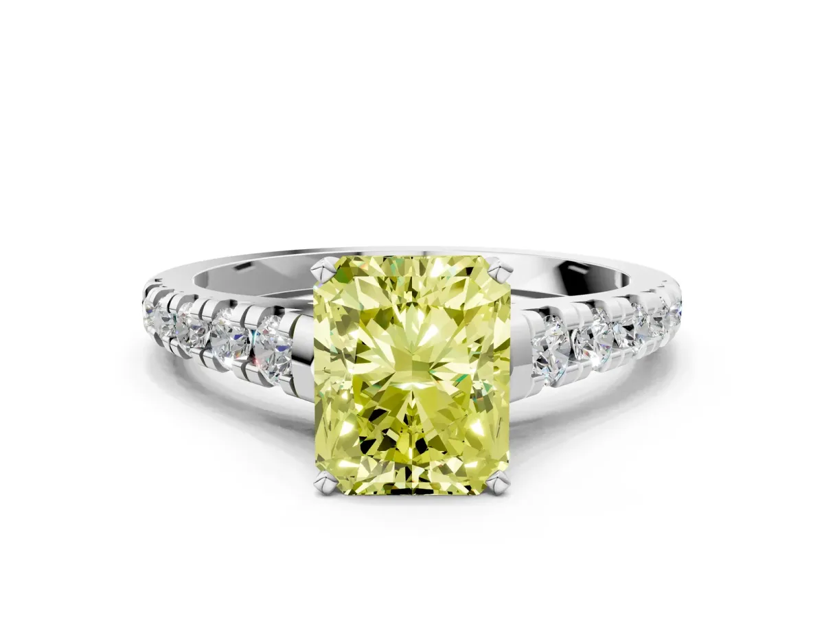 Fancy Yellow Radiant Cut Diamond Cathedral Solitaire Ring with Round Pavé Band Platinum
