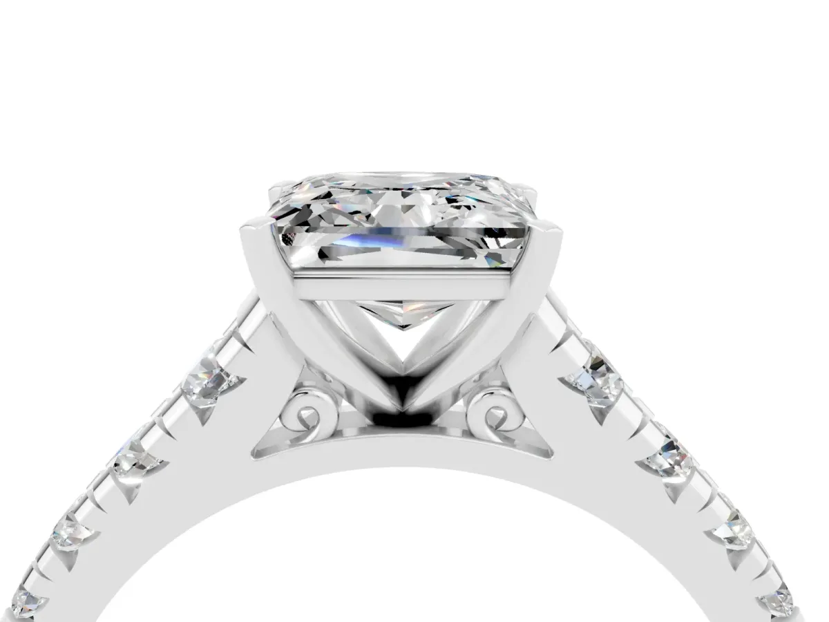 Princess Cut Moissanite Cathedral Solitaire Ring with Round Pavé Band Silver