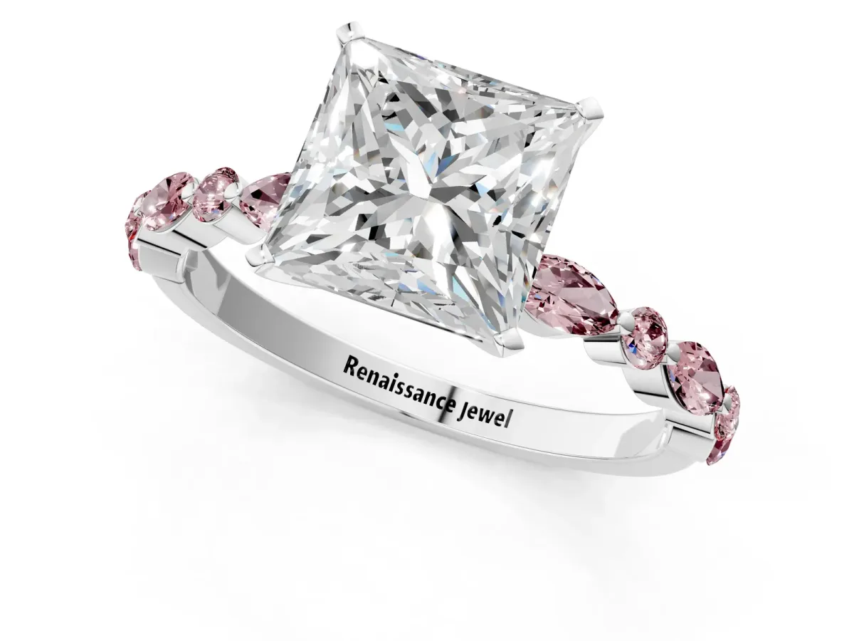 Princess Cut Diamond Ring with Marquise and Round Morganite Side Stones and Four-Prong Setting Silver