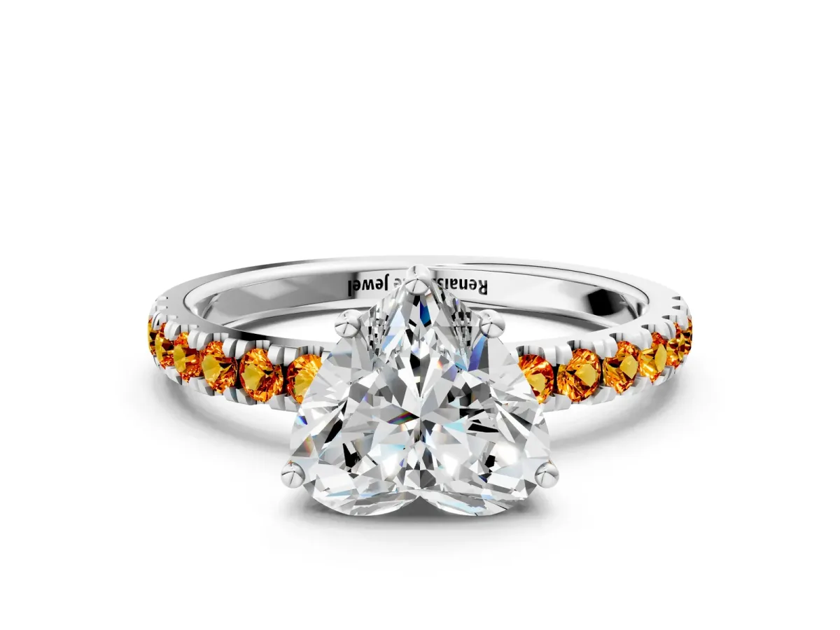 Heart Cut Diamond Pave Band Solitaire Ring with Round Citrine and Prong Setting Platinum