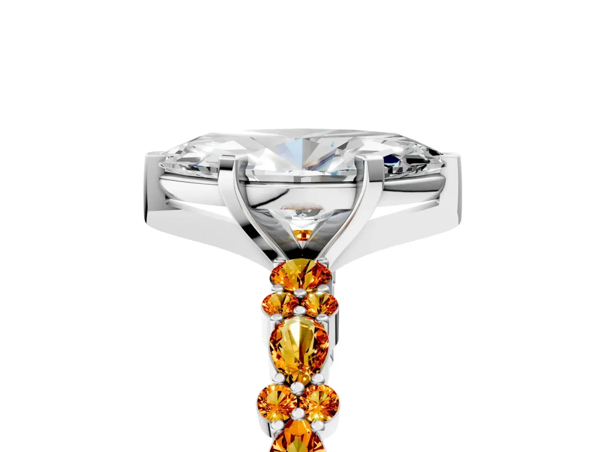 Marquise Cut Diamond Side Stone Solitaire Ring with Round Citrine and Four-Prong Setting White gold