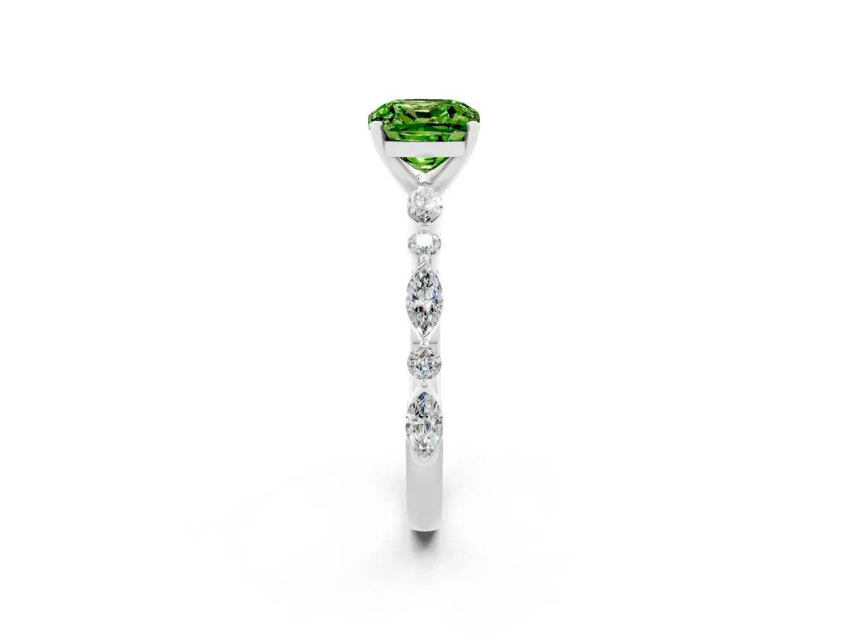 Cushion Cut Peridot Ring with Marquise and Round Side Stones and Four-Prong Setting Silver