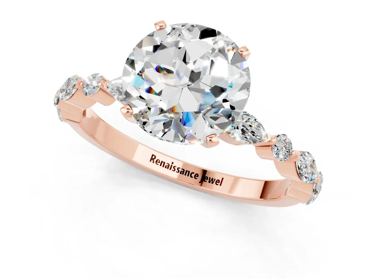 Round Cut Moissanite Ring with Marquise and Round Side Stones and Four-Prong Setting Rose gold
