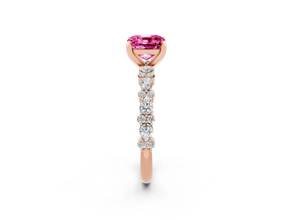 Cushion Cut Pink Sapphire Side Stone Solitaire Ring with Round and Four-Prong Setting Rose gold