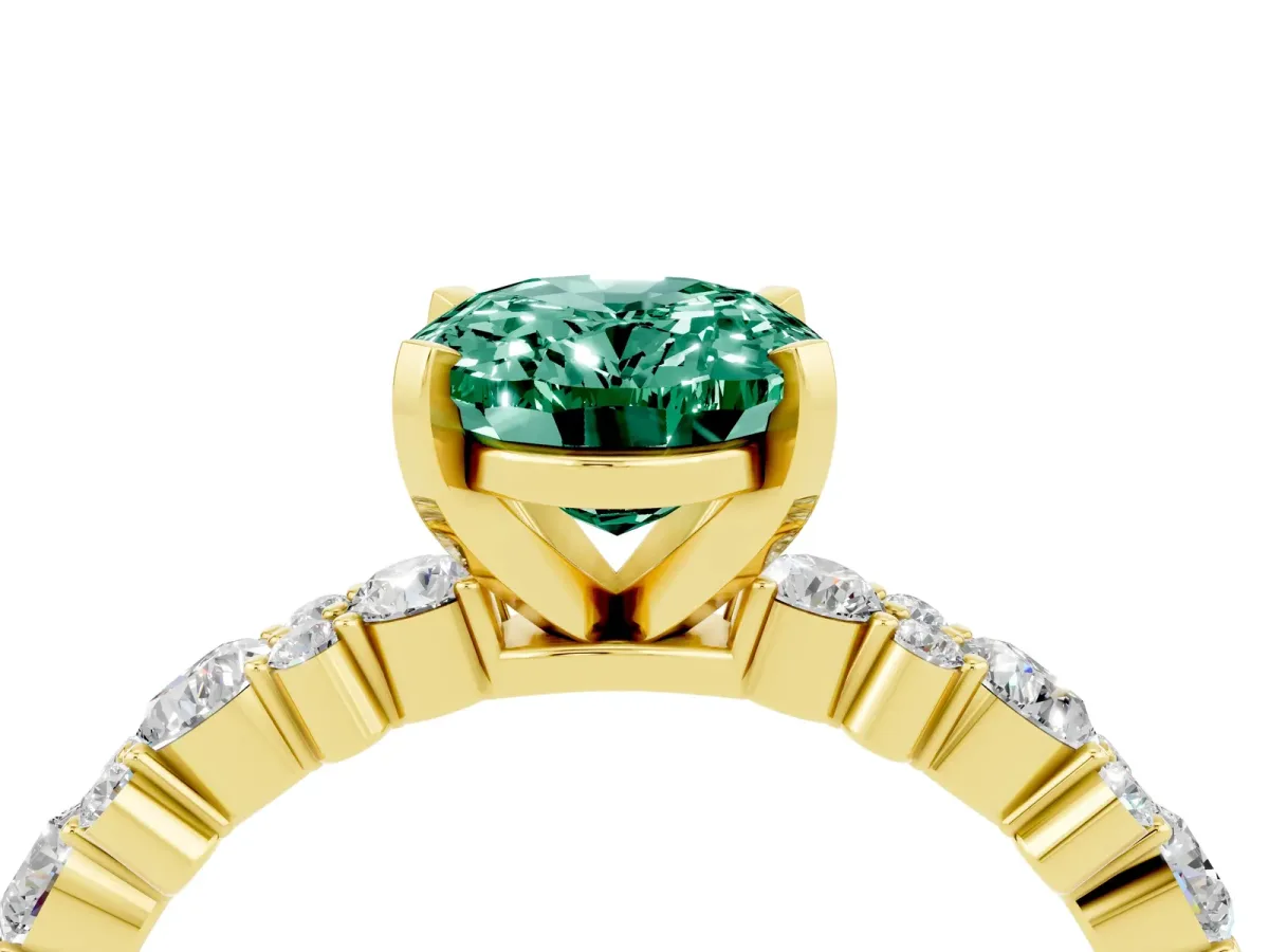 Oval Cut Green Sapphire Side Stone Solitaire Ring with Round and Four-Prong Setting Yellow gold