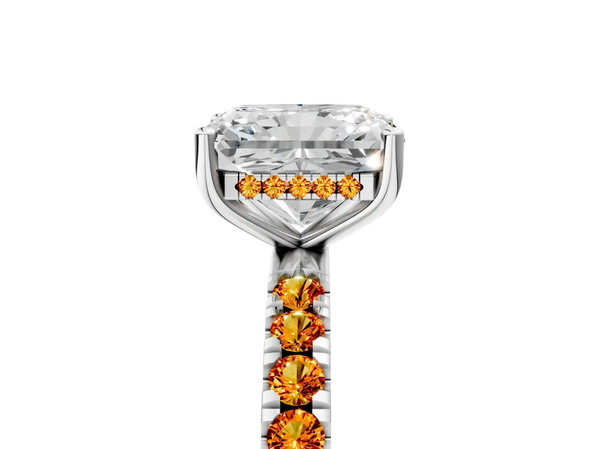 Radiant Cut Diamond Pave Band Solitaire Ring with Round Citrine and Prong Setting Platinum
