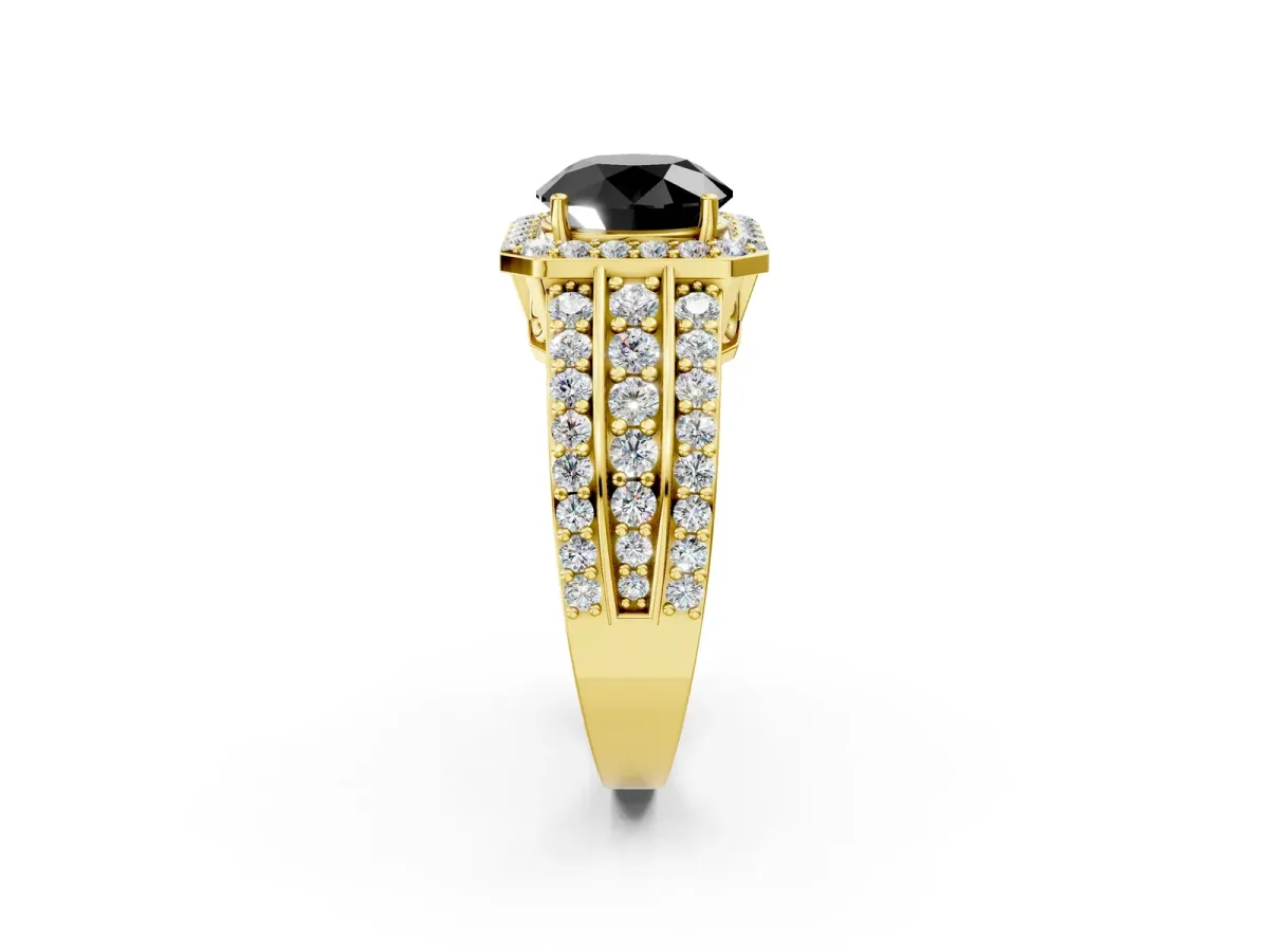 Fancy Black Round Cut Halo Diamond Ring with Round Split Shank and Prong Setting Yellow gold