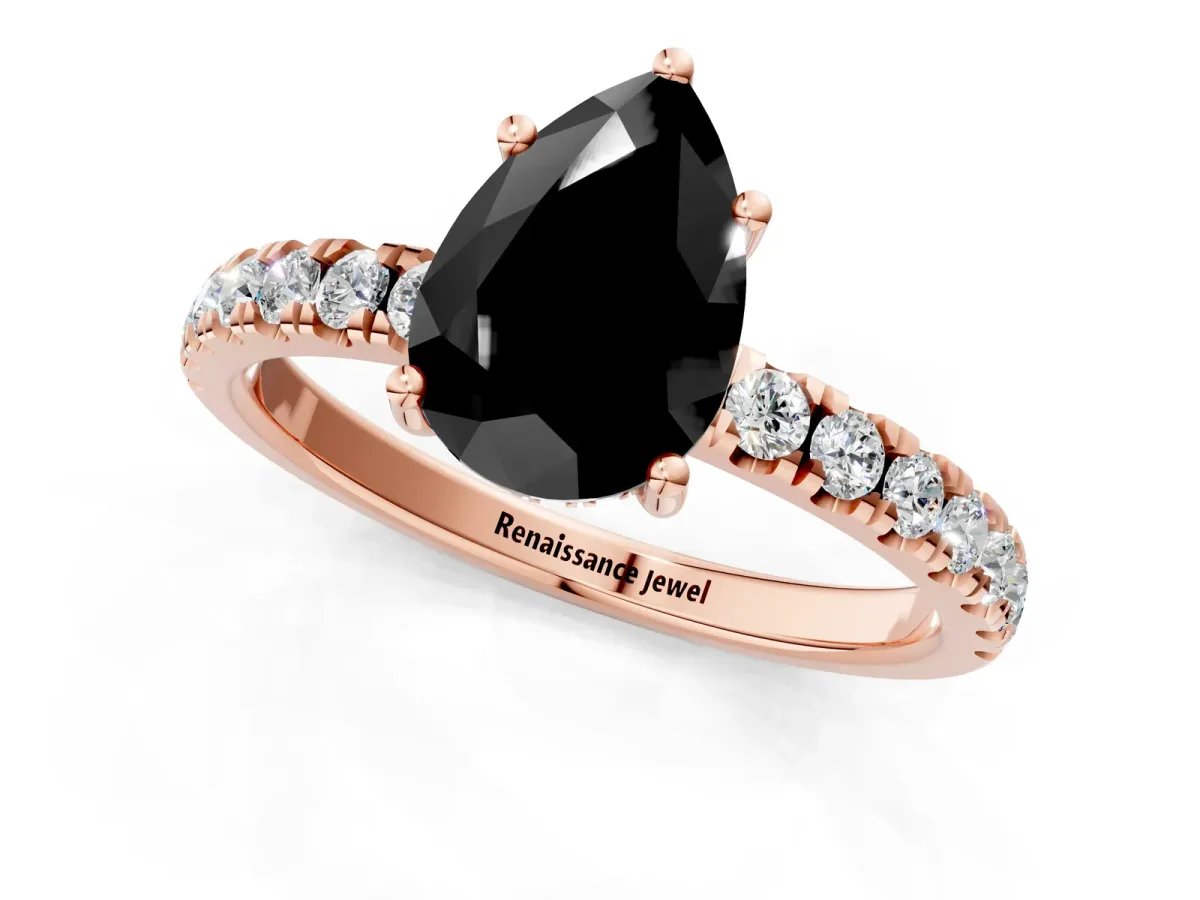 Fancy Black Pear Cut Diamond Pave Band Solitaire Ring with Round and Prong Setting Rose gold