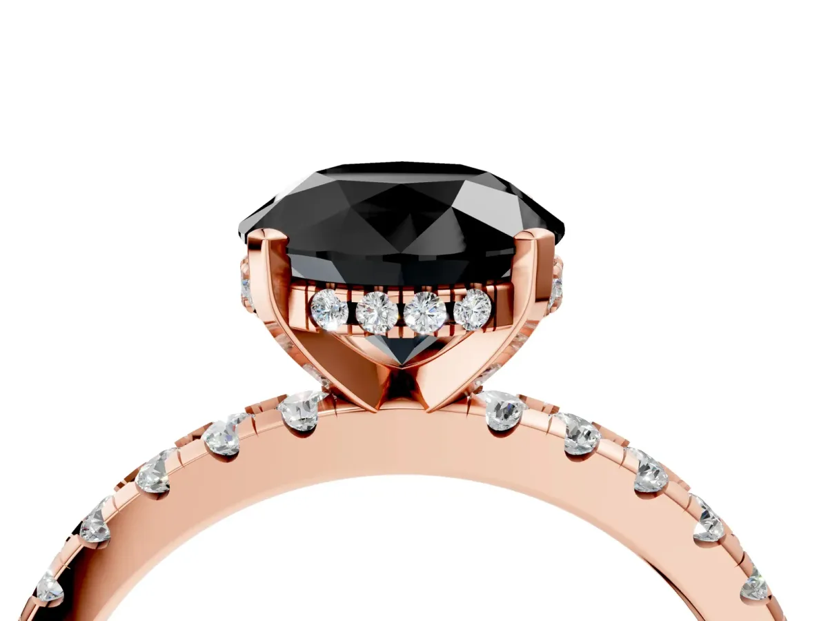 Fancy Black Round Cut Diamond Solitaire Ring with Round Pavé Band and Four-Prong Setting Rose gold