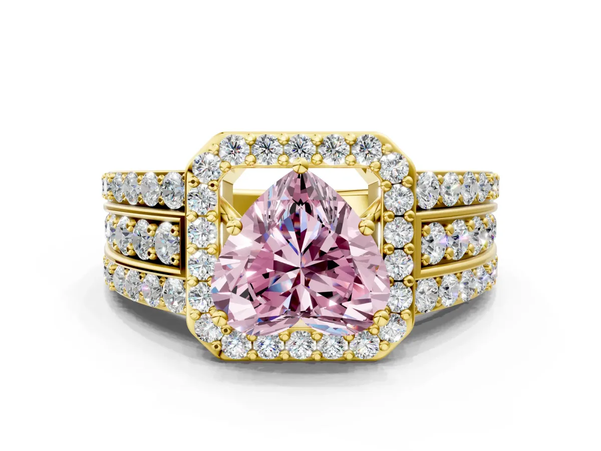 Fancy Pink Heart Cut Halo Diamond Ring with Round Split Shank and Prong Setting Yellow gold