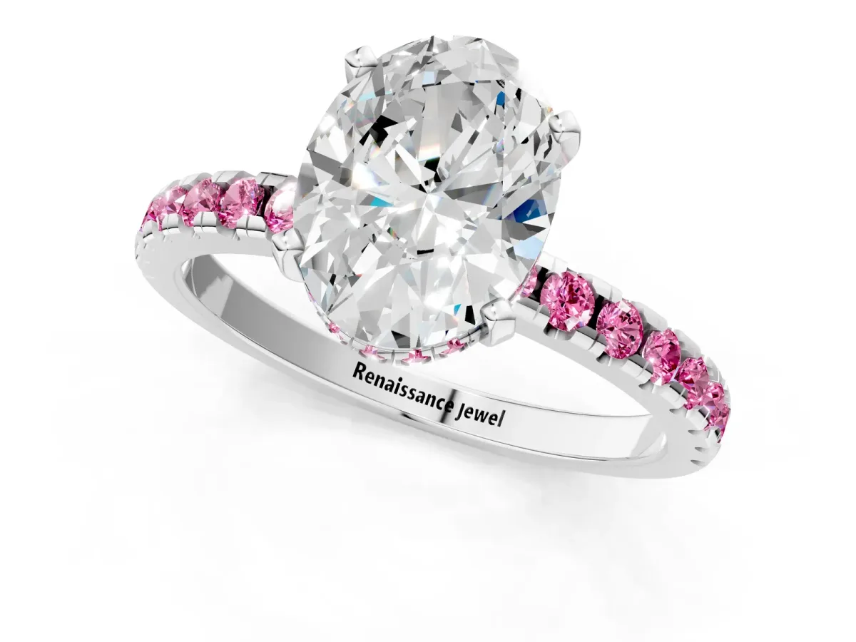 Oval Cut Diamond Solitaire Ring with Round Pink Sapphire Pavé Band and Four-Prong Setting Silver