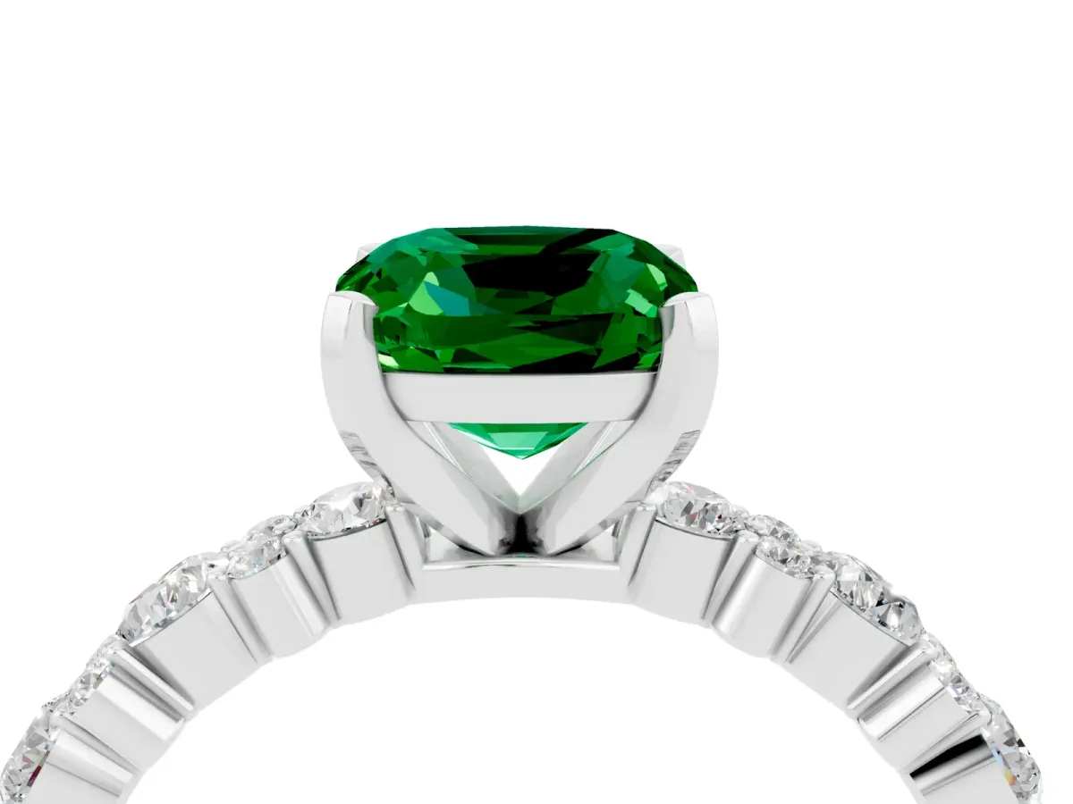 Cushion Cut Emerald Side Stone Solitaire Ring with Round and Four-Prong Setting White gold