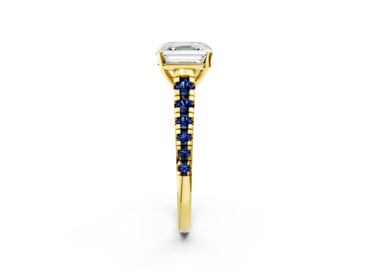 Asscher Cut Diamond Cathedral Solitaire Ring with Round Blue Sapphire Pavé Band Yellow gold