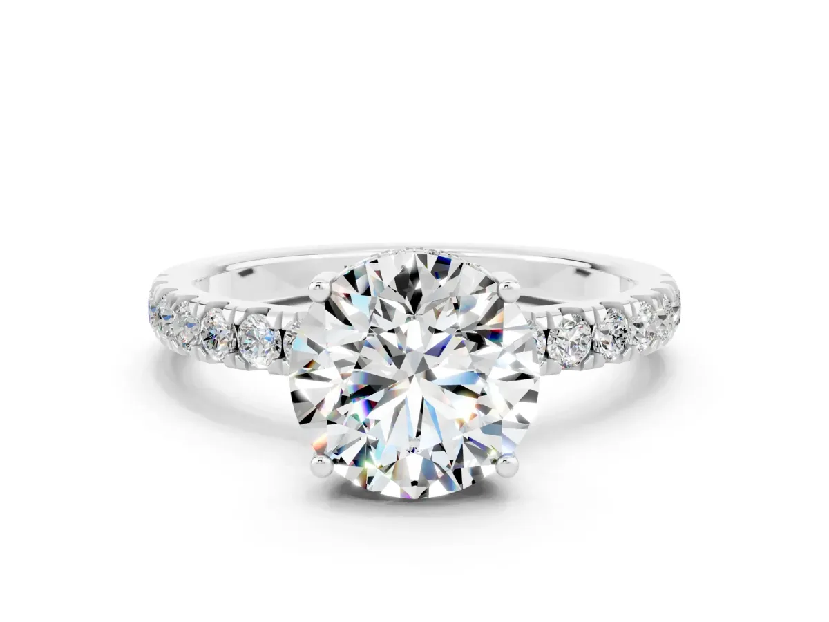 Round Cut Moissanite Pave Band Solitaire Ring with Round and Prong Setting Platinum