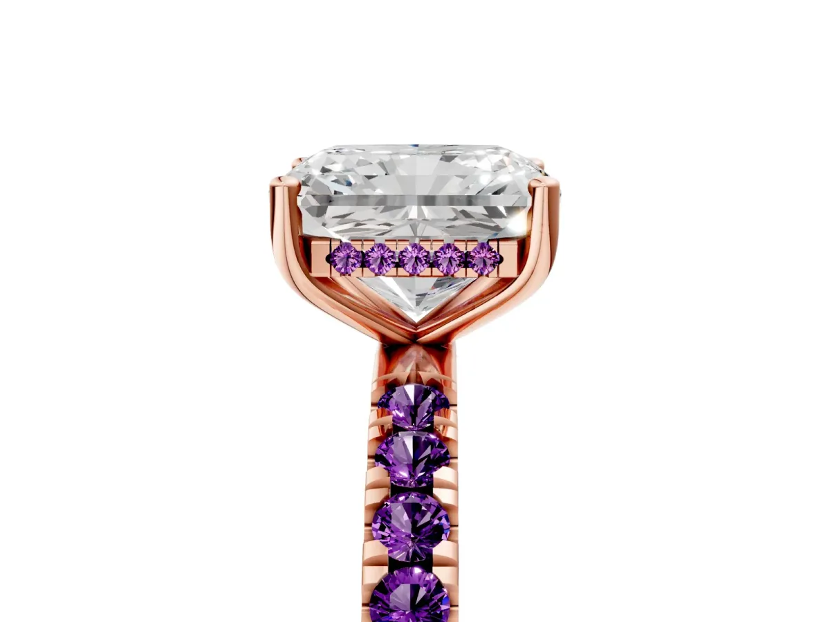 Radiant Cut Diamond Pave Band Solitaire Ring with Round Amethyst and Prong Setting Rose gold
