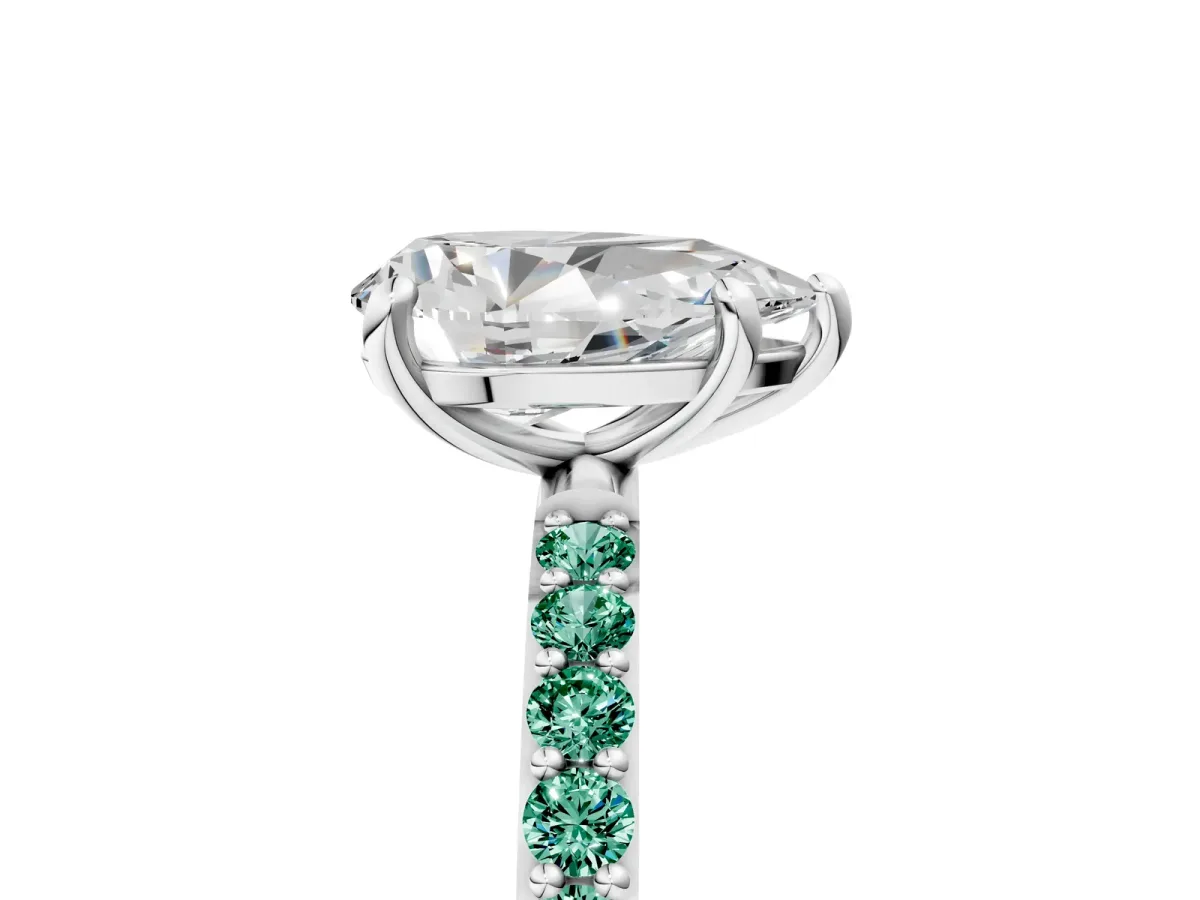 Pear Cut Diamond Solitaire Ring with Round Green Sapphire Pavé Band and Prong Setting Platinum