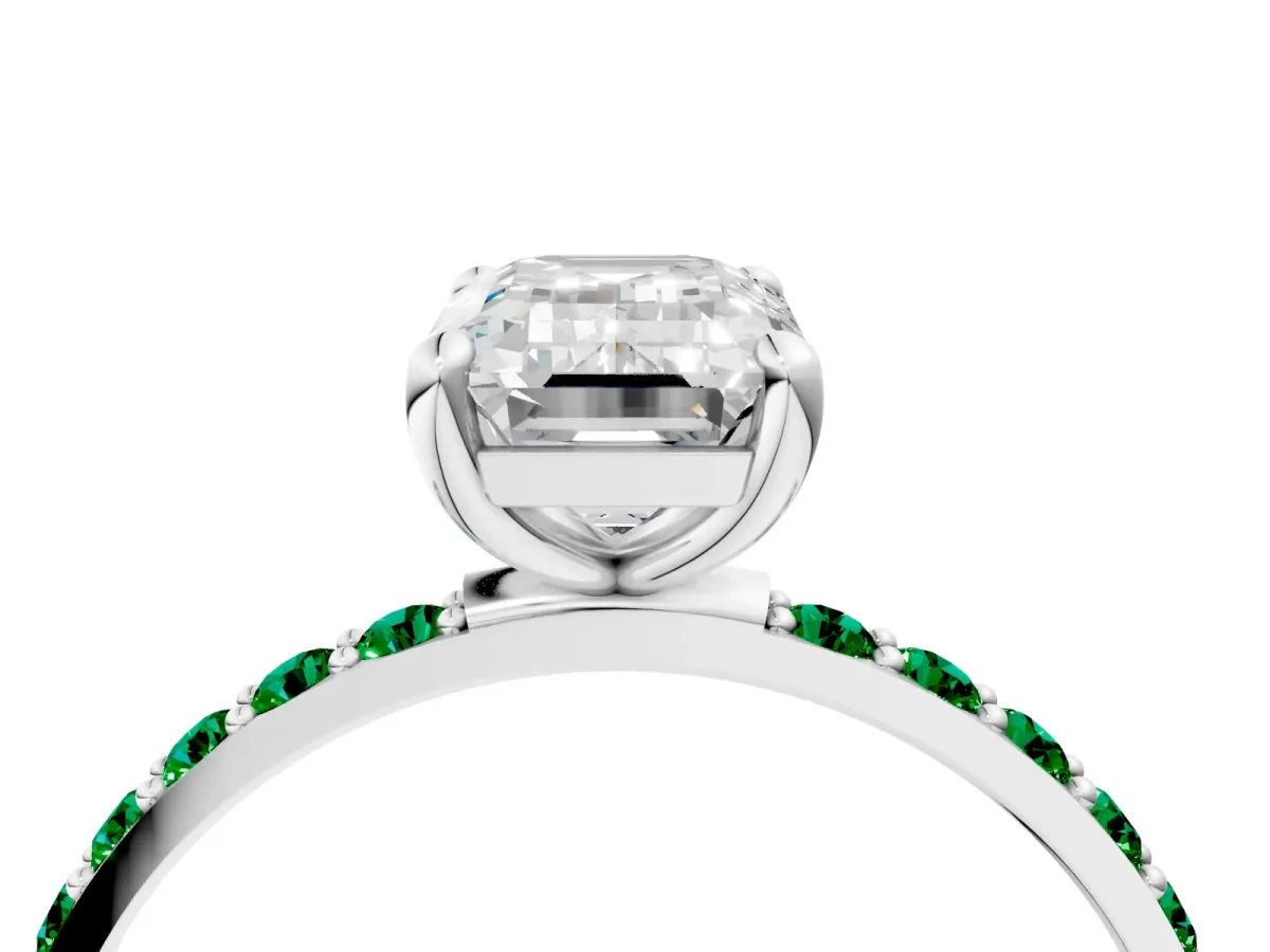 Emerald Cut Diamond Solitaire Ring with Round Emerald Pavé Band and Prong Setting White gold